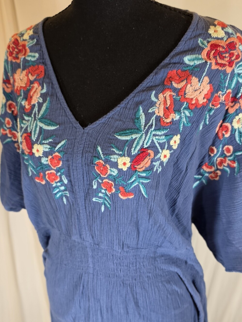 Dreams & Co Plus Size 1X 22/24 Blue Embroidered Boho Crinkle Maxi Dress Lounge